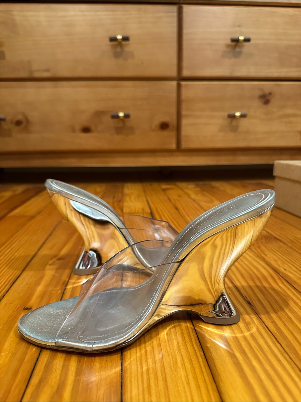 Schutz Aprill Silver Vinyl Wedge Heels